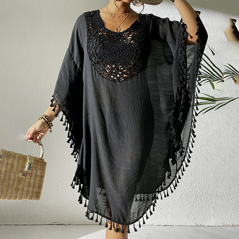 Women Tassel Trim Crochet Cover Up Boho Dress