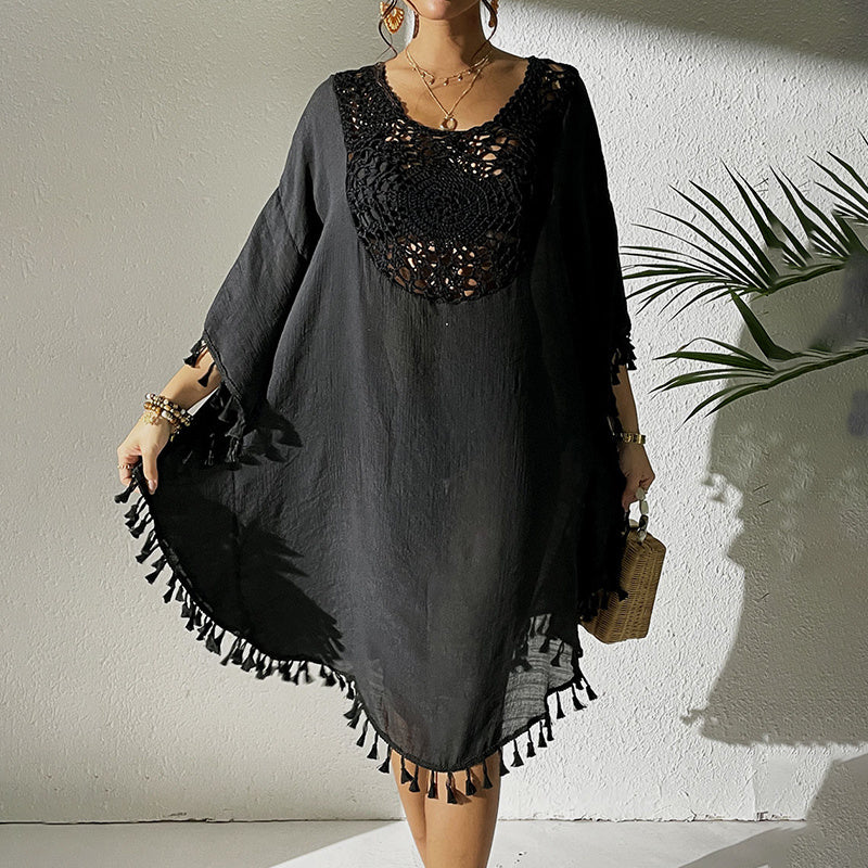 Women Tassel Trim Crochet Cover Up Boho Dress