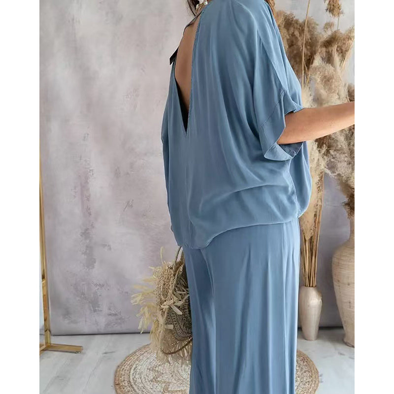 Cozy 2-Piece Lounge Set - Half Sleeve Top & Wide Leg Pants