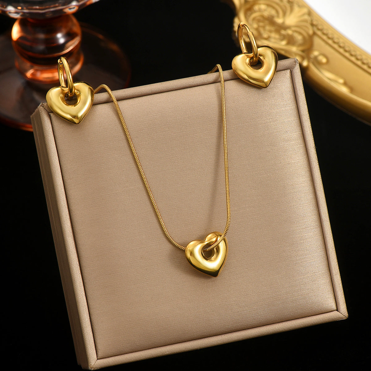 Lxalry 18K Gold Plated Hollow Heart Hypoallergenic Necklace Earrings With Adjustable Chain