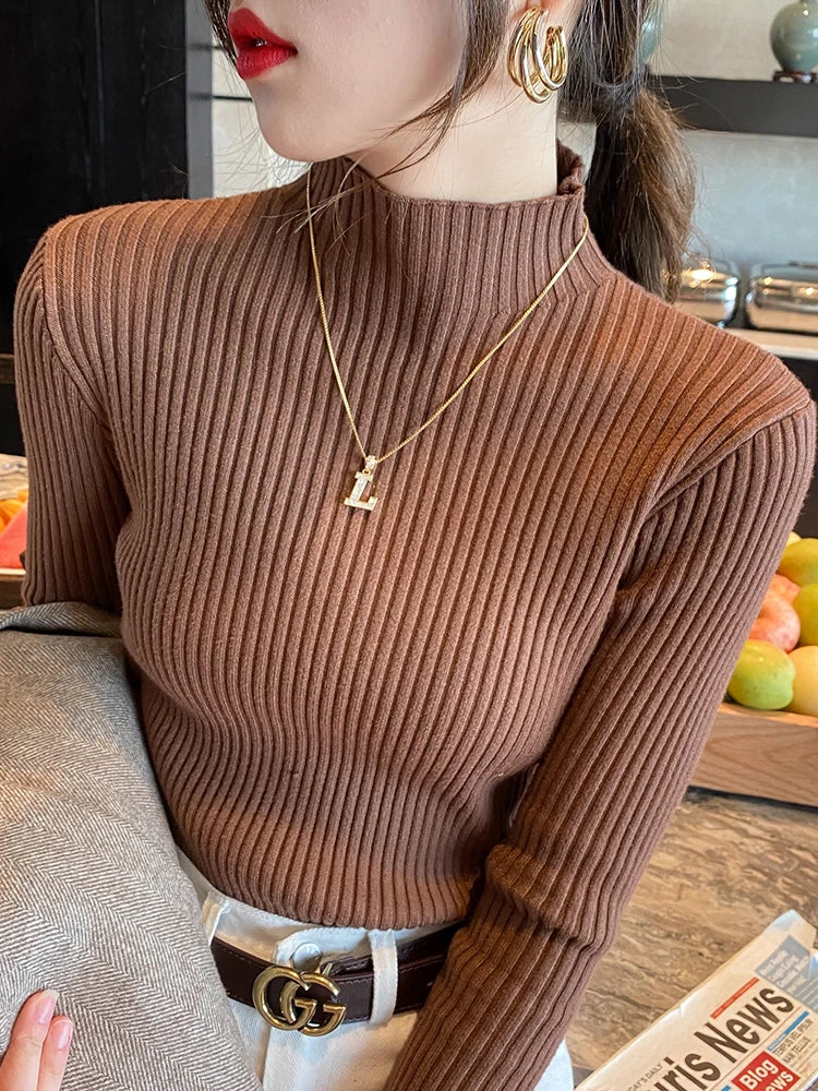 Women Solid Knitted Turtlneck Sweater Top