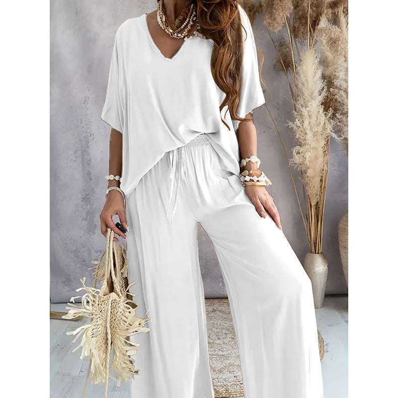 Cozy 2-Piece Lounge Set - Half Sleeve Top & Wide Leg Pants