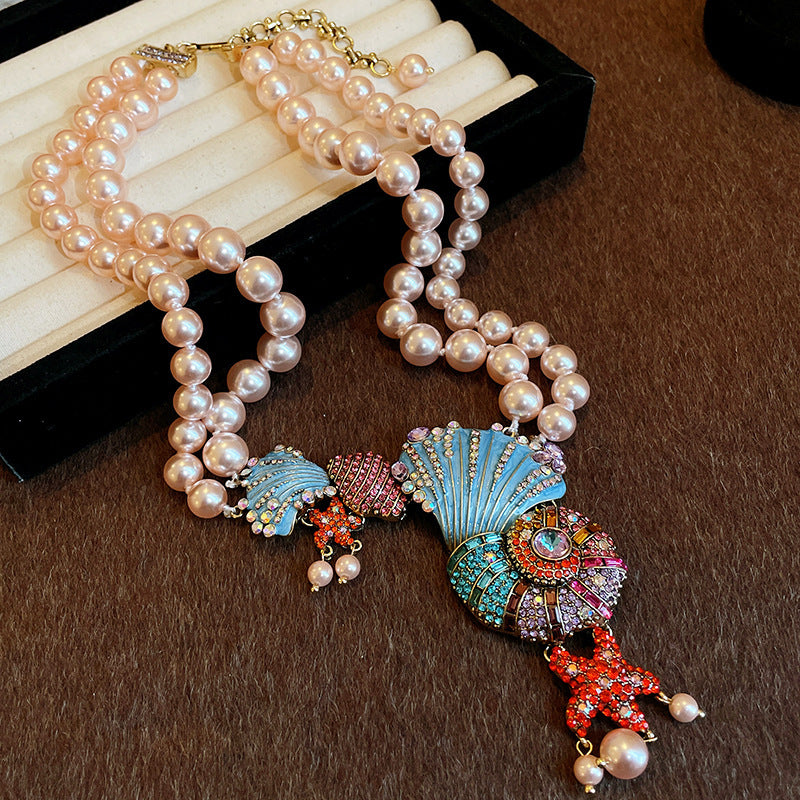 Rhinestone Pearl Conch Double-layer Necklace Vintage Exaggerated Design
