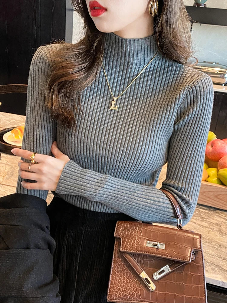 Women Solid Knitted Turtlneck Sweater Top