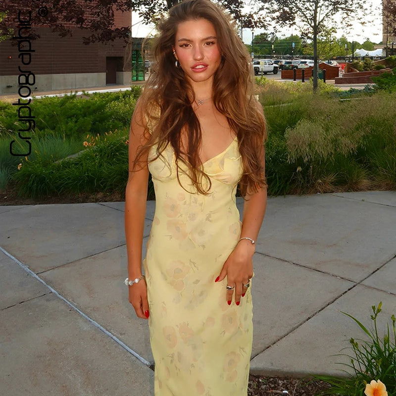 Summer Floral Print Plunge Maxi Dress