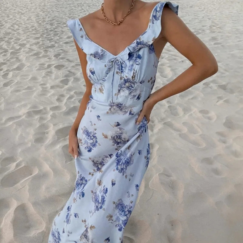 Summer Floral Print Plunge Maxi Dress