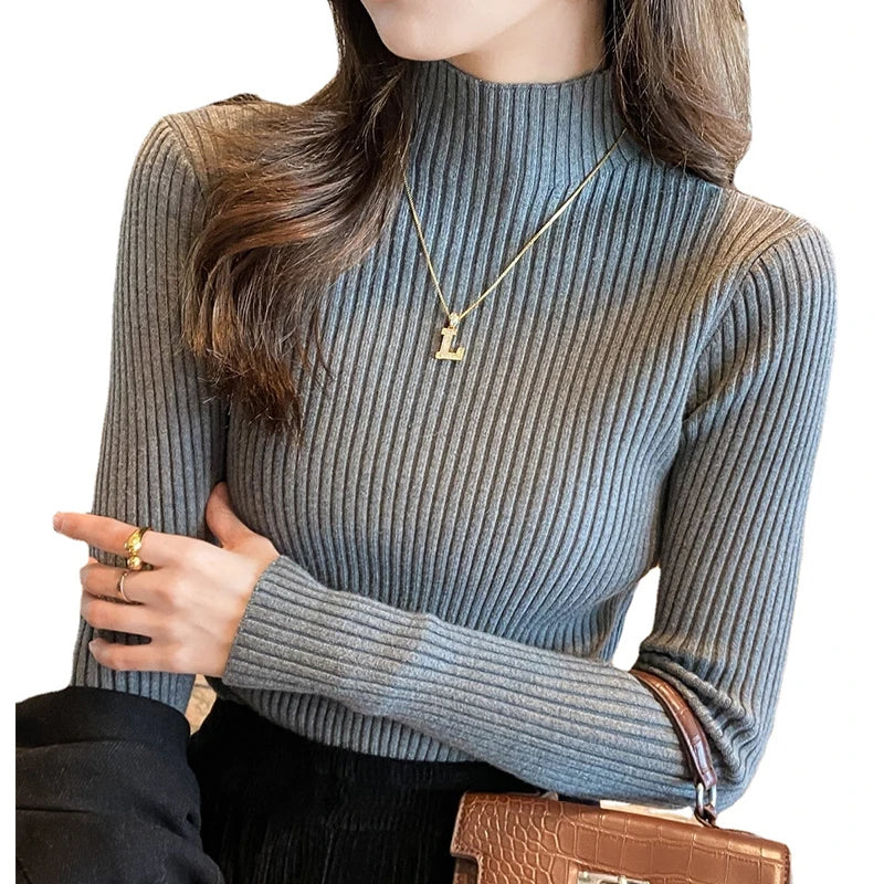Women Solid Knitted Turtlneck Sweater Top