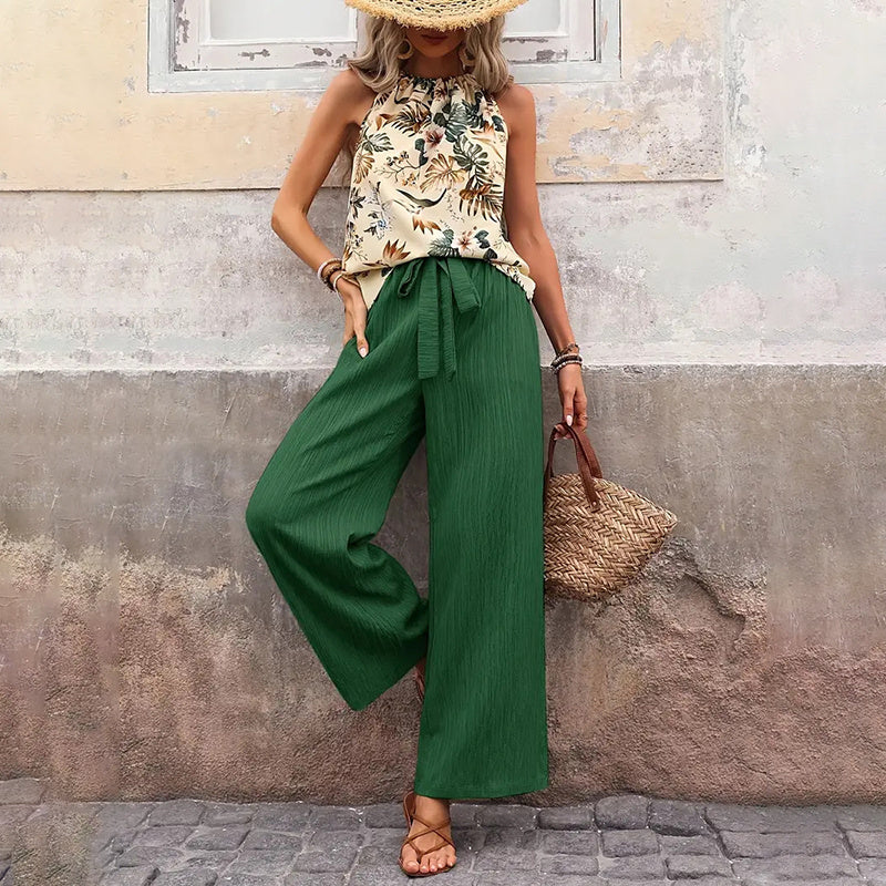 Women's 2 Piece Summer Outfit With Halter Neck Crop Tops and Wide Leg Pants