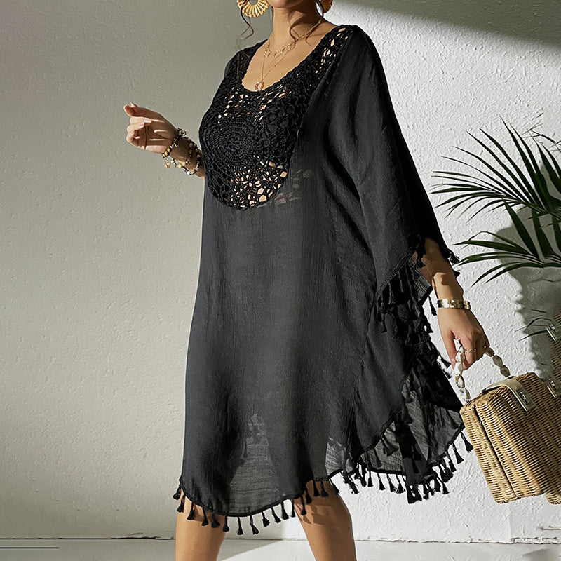 Women Tassel Trim Crochet Cover Up Boho Dress