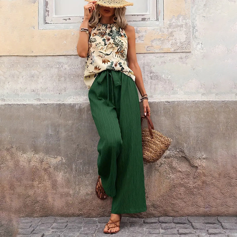 Women's 2 Piece Summer Outfit With Halter Neck Crop Tops and Wide Leg Pants