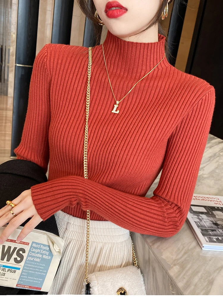Women Solid Knitted Turtlneck Sweater Top