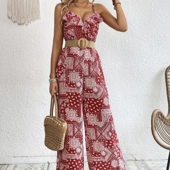 Cami Jumpsuit with Floral Print and Ruffled Edge