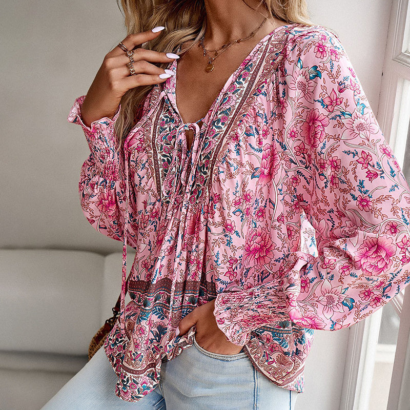 Women's Boho Chic Long Sleeve Floral Blouse