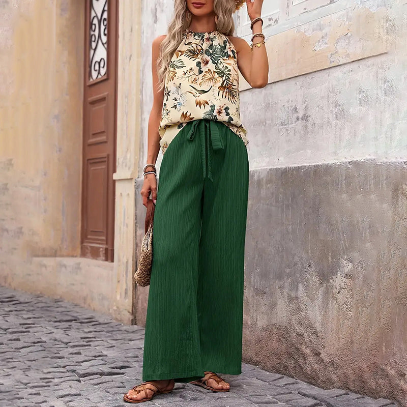 Women's 2 Piece Summer Outfit With Halter Neck Crop Tops and Wide Leg Pants