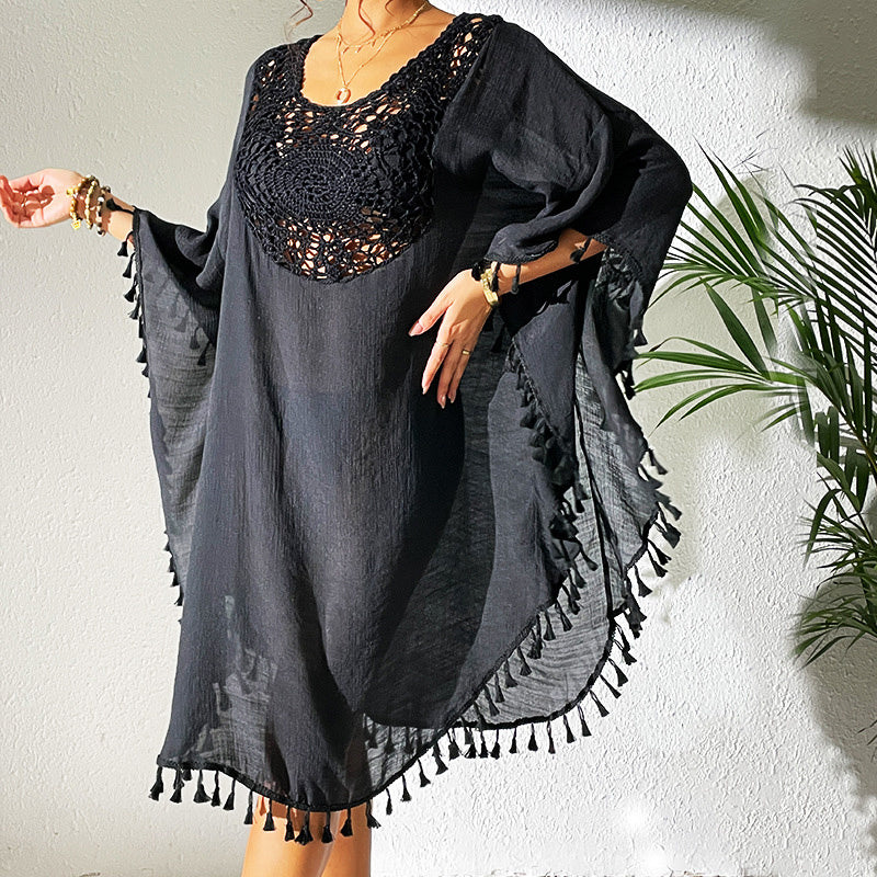 Women Tassel Trim Crochet Cover Up Boho Dress