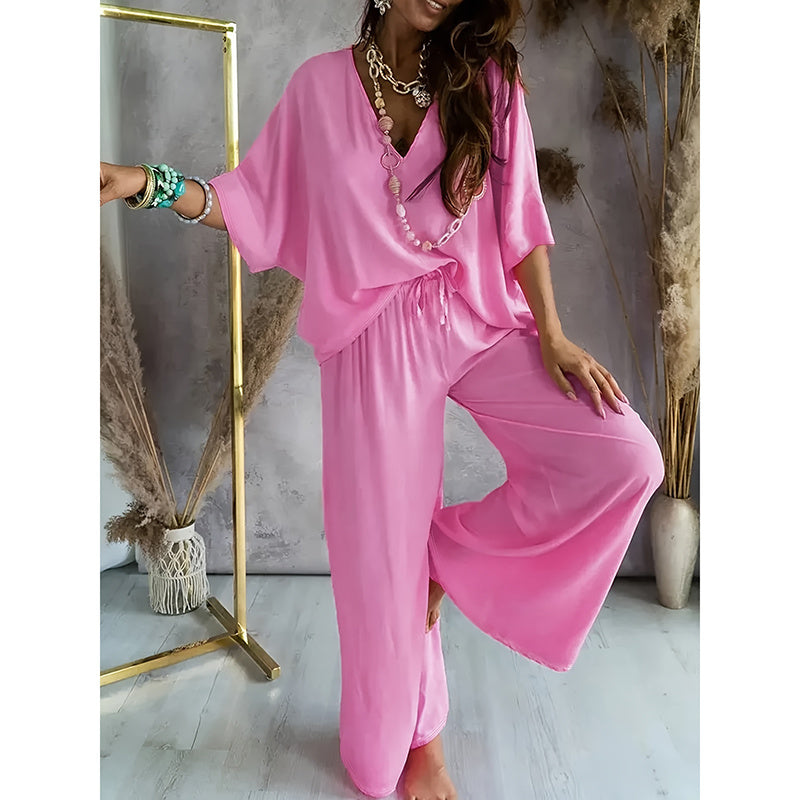 Cozy 2-Piece Lounge Set - Half Sleeve Top & Wide Leg Pants