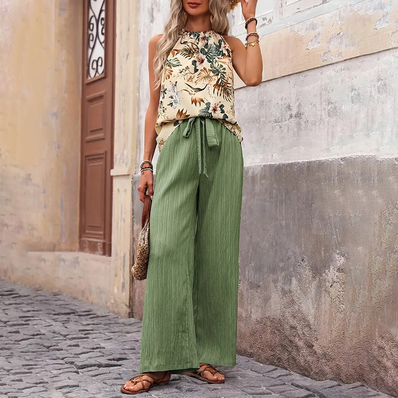 Women's 2 Piece Summer Outfit With Halter Neck Crop Tops and Wide Leg Pants