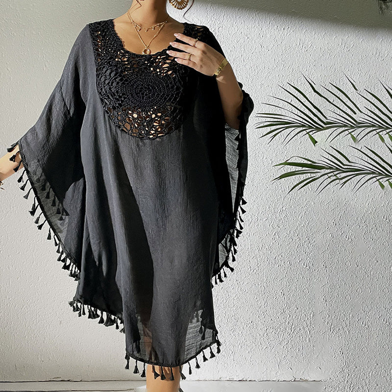 Women Tassel Trim Crochet Cover Up Boho Dress