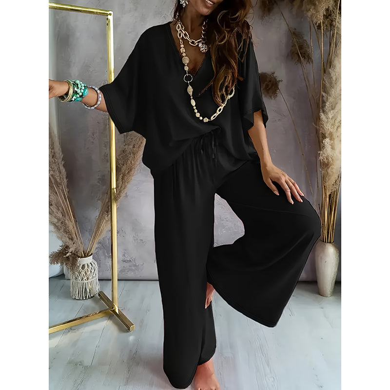 Cozy 2-Piece Lounge Set - Half Sleeve Top & Wide Leg Pants