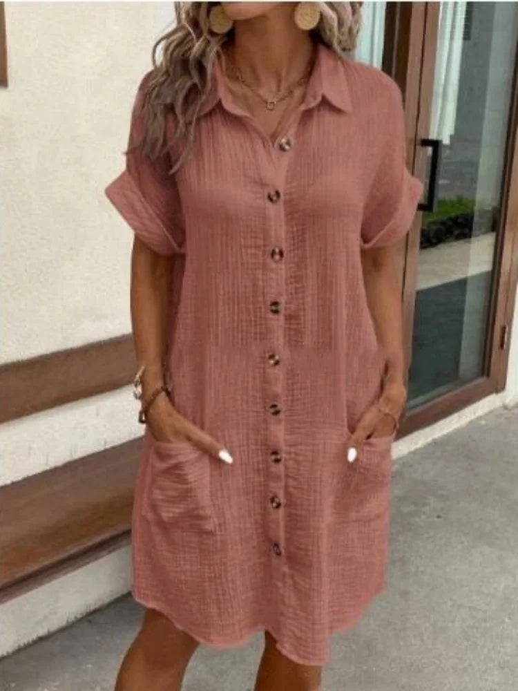 Women Turn-down Collar Loose Shirt Cotton Dress