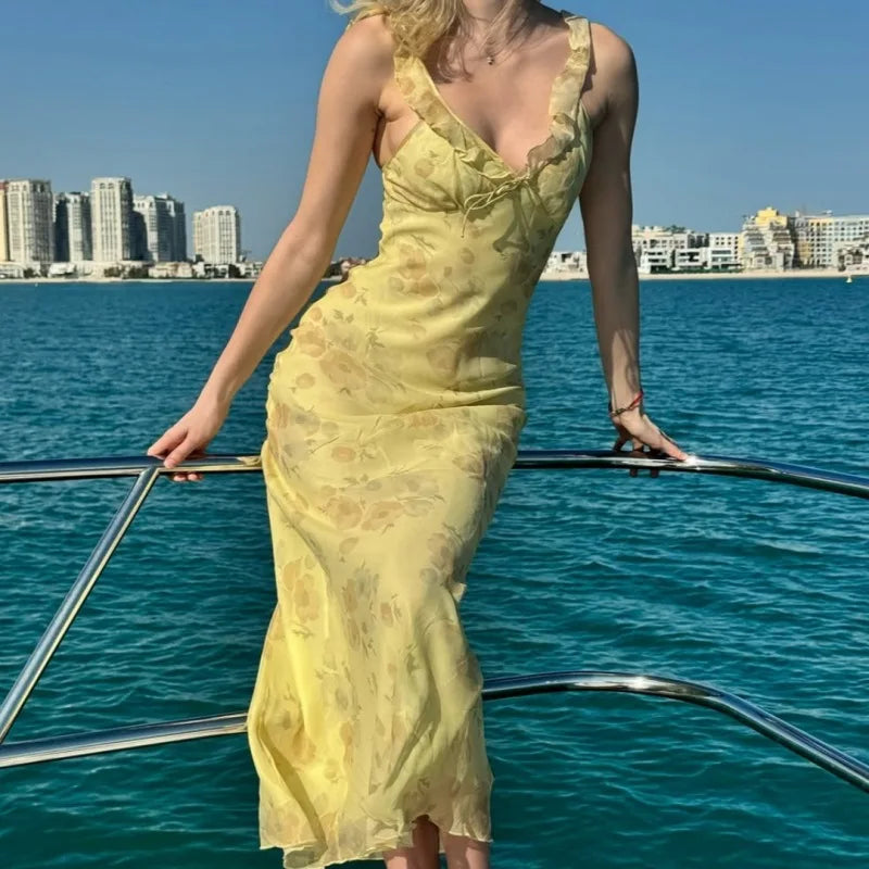Summer Floral Print Plunge Maxi Dress