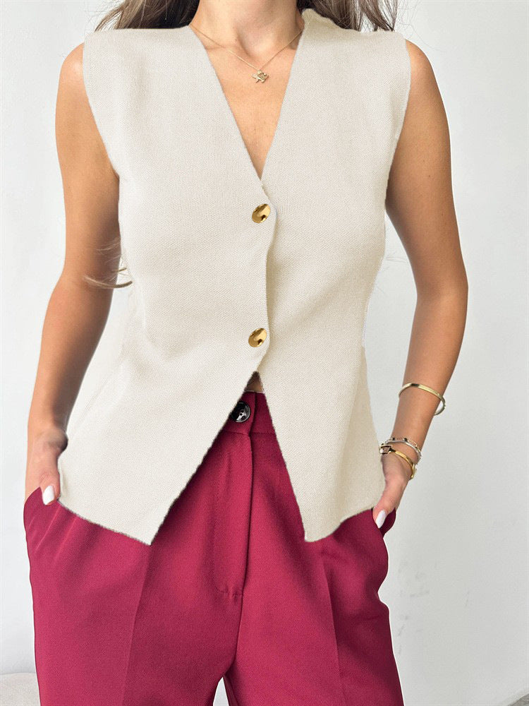 Metal Buckle Slit Knitted Vest Cardigan