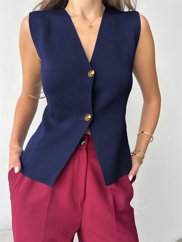 Metal Buckle Slit Knitted Vest Cardigan