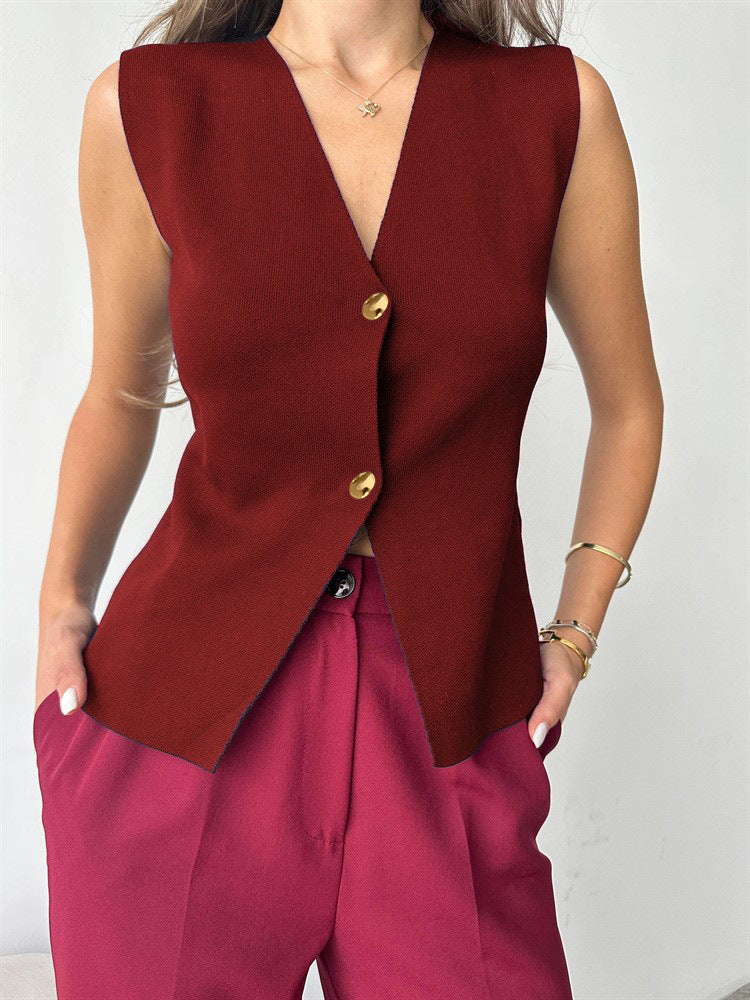 Metal Buckle Slit Knitted Vest Cardigan