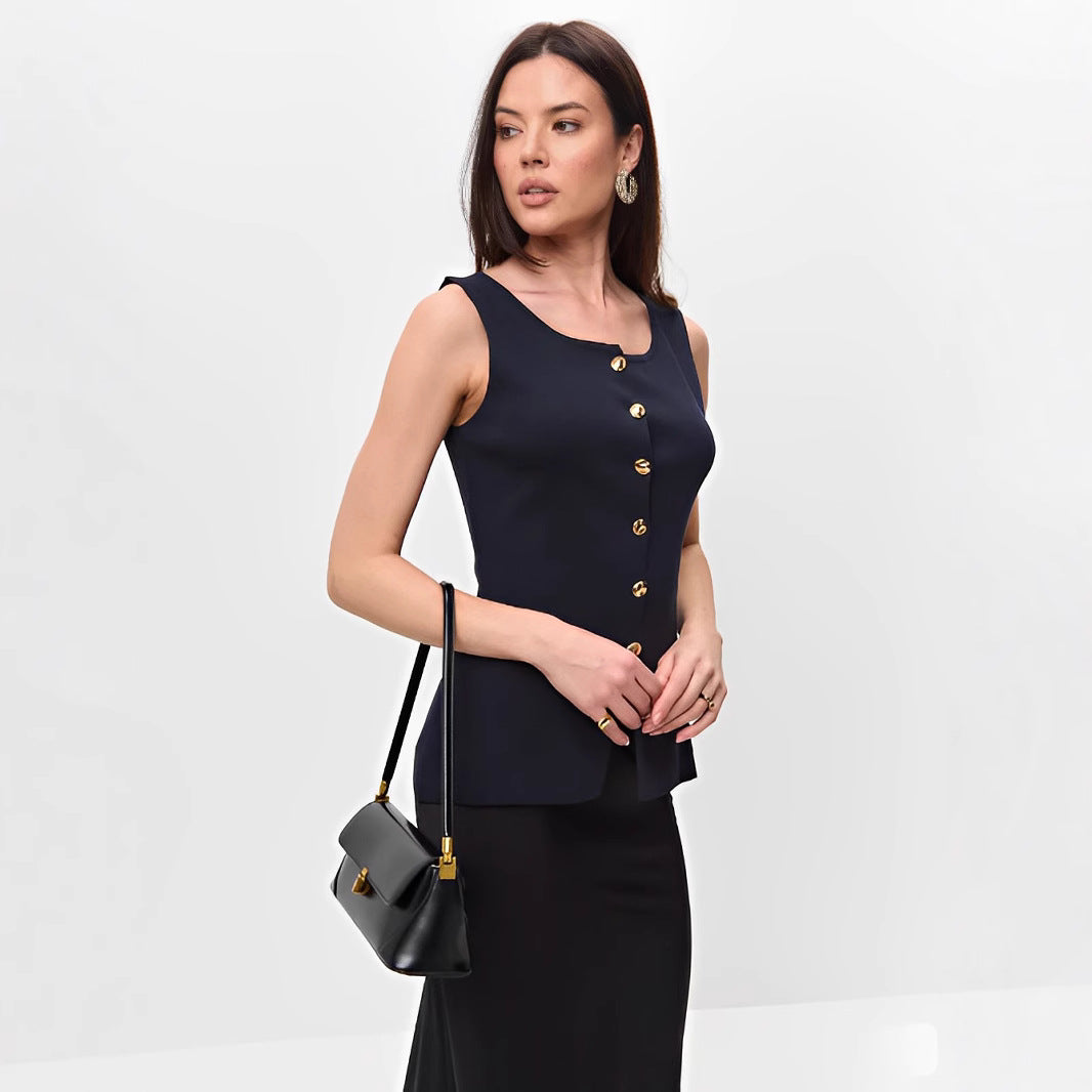 Metal Buckle Slit Knitted Vest Cardigan
