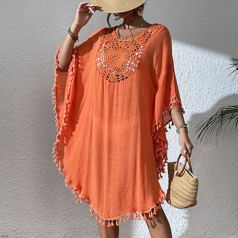 Women Tassel Trim Crochet Cover Up Boho Dress