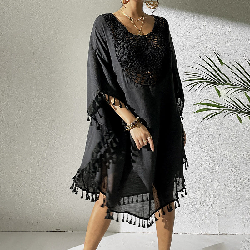 Women Tassel Trim Crochet Cover Up Boho Dress