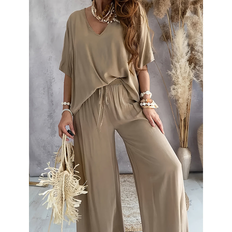 Cozy 2-Piece Lounge Set - Half Sleeve Top & Wide Leg Pants