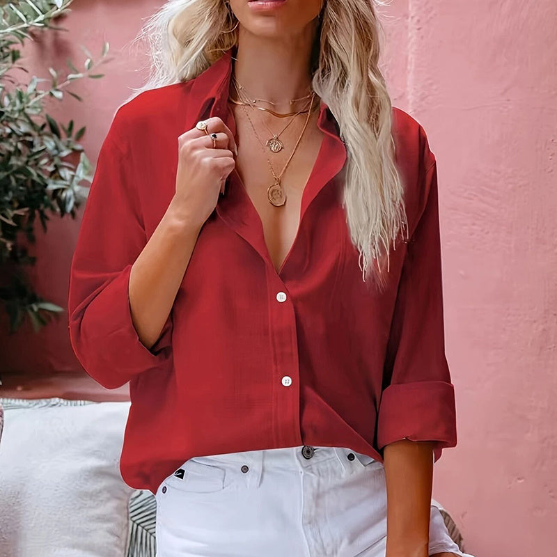 Women's Simple Button Front, Long Sleeve Shirt Tops