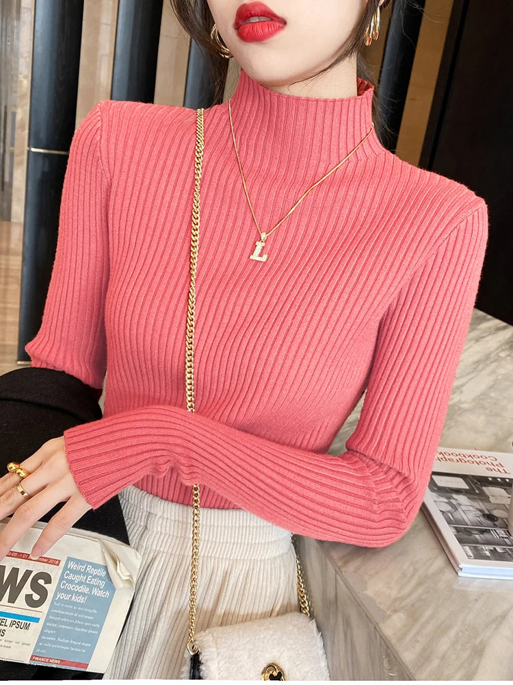 Women Solid Knitted Turtlneck Sweater Top
