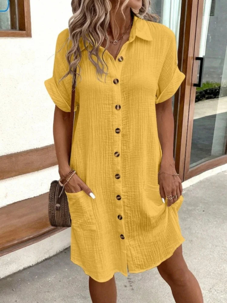 Women Turn-down Collar Loose Shirt Cotton Dress