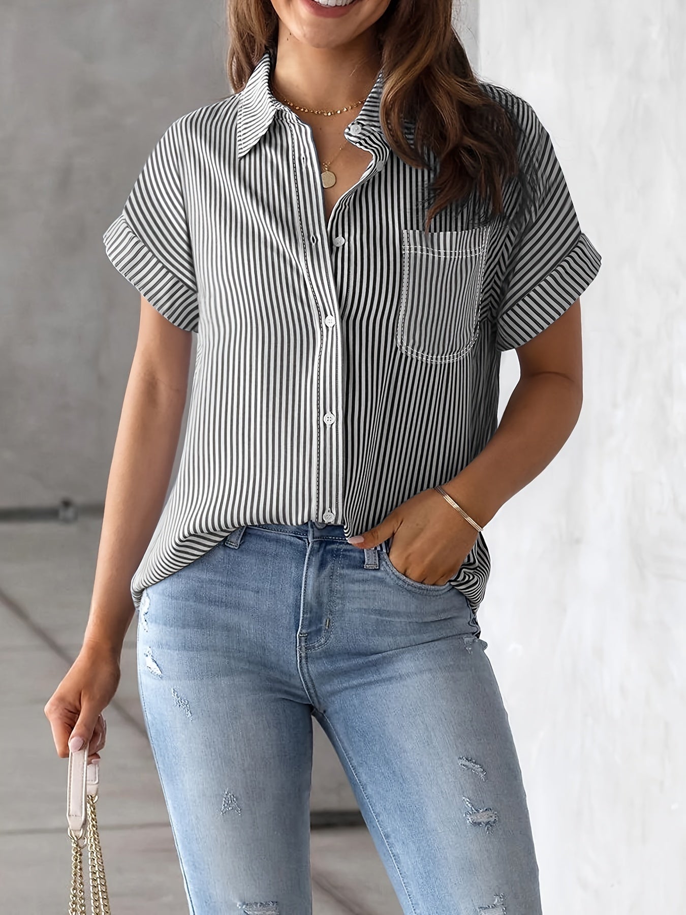 Plus Size Striped Blouse With Pocket For Women
