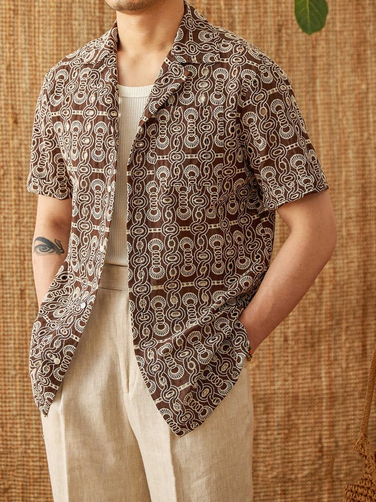 Men's Casual Cuban Collar Short Sleeve Printed Shirt