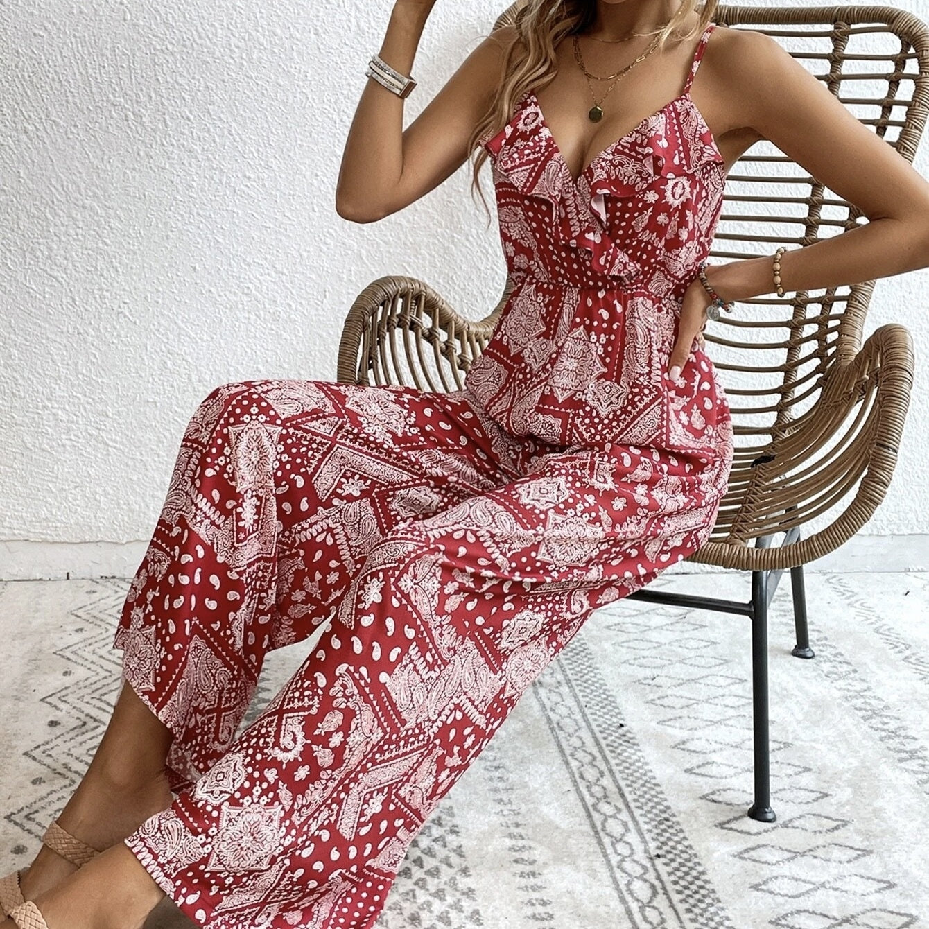 Cami Jumpsuit with Floral Print and Ruffled Edge