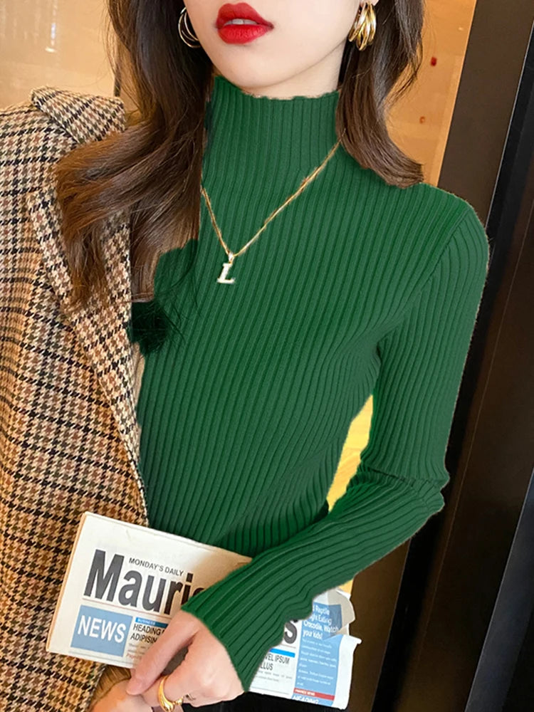 Women Solid Knitted Turtlneck Sweater Top
