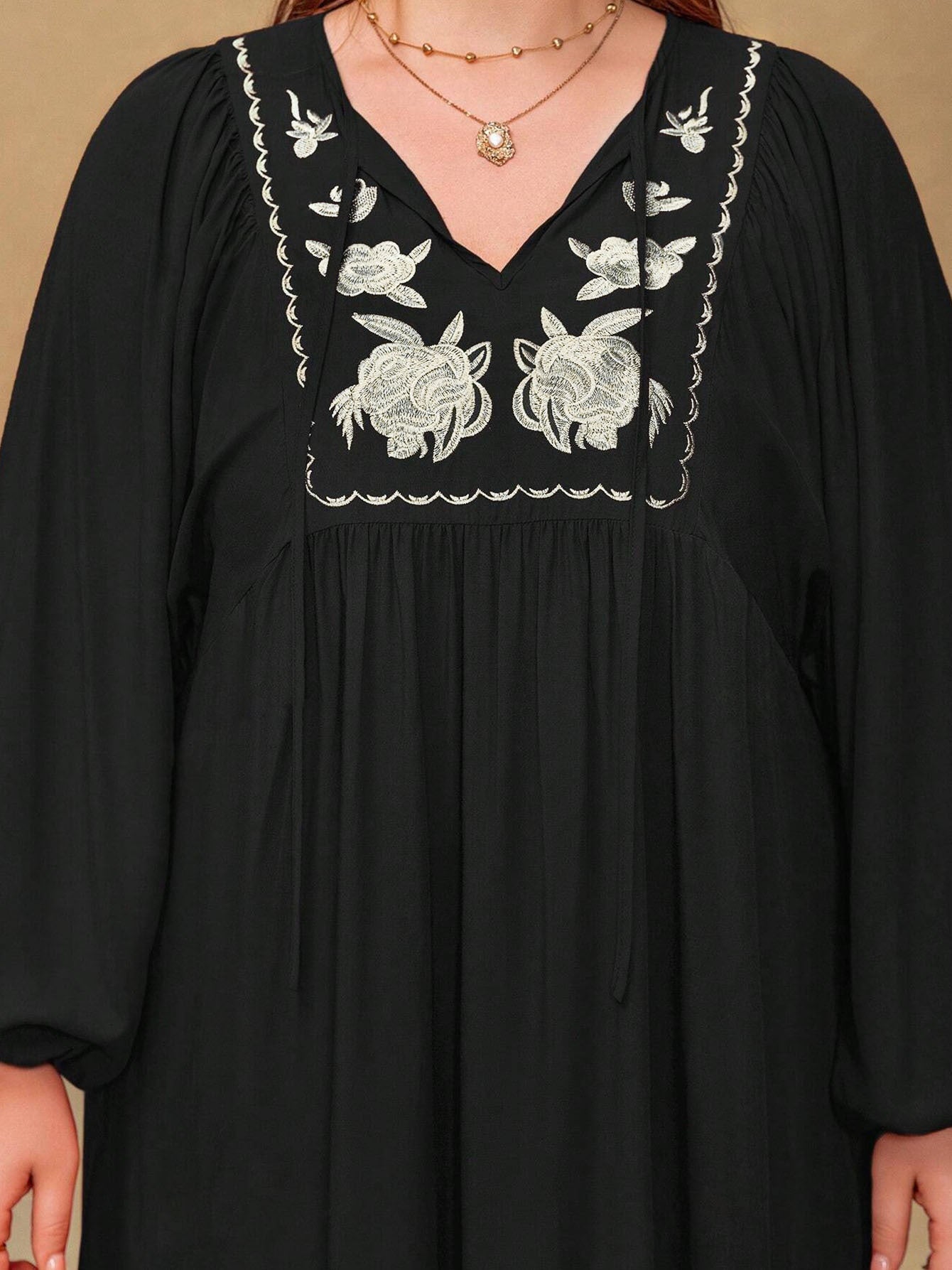 Women's Plus Size Embroidered Summer Casual Long Sleeve Mini Dress
