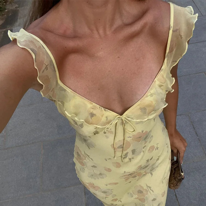 Summer Floral Print Plunge Maxi Dress