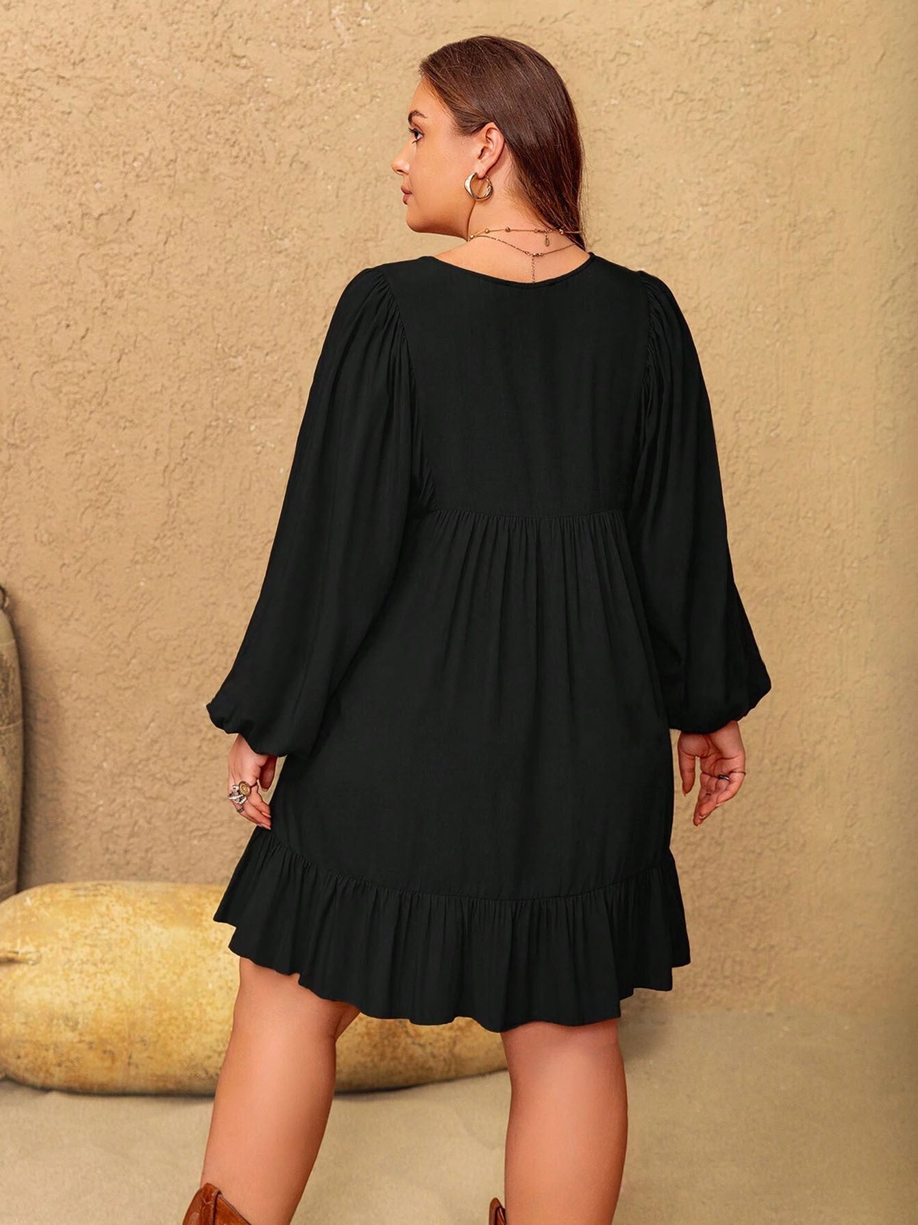 Women's Plus Size Embroidered Summer Casual Long Sleeve Mini Dress