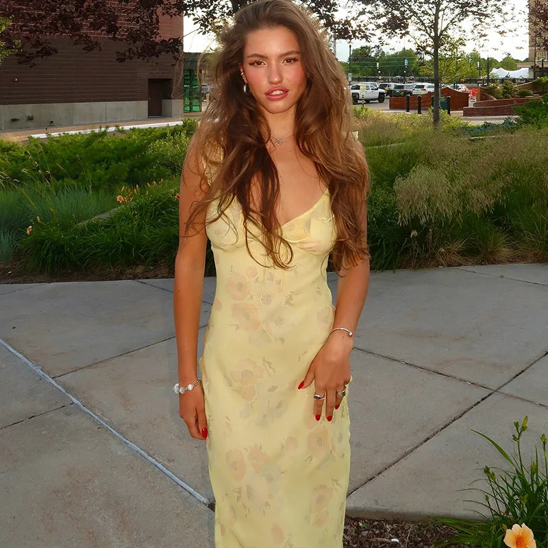 Summer Floral Print Plunge Maxi Dress
