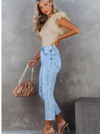 Apricot Dotty Mesh Ruffle Sleeve Ribbed Knit Top