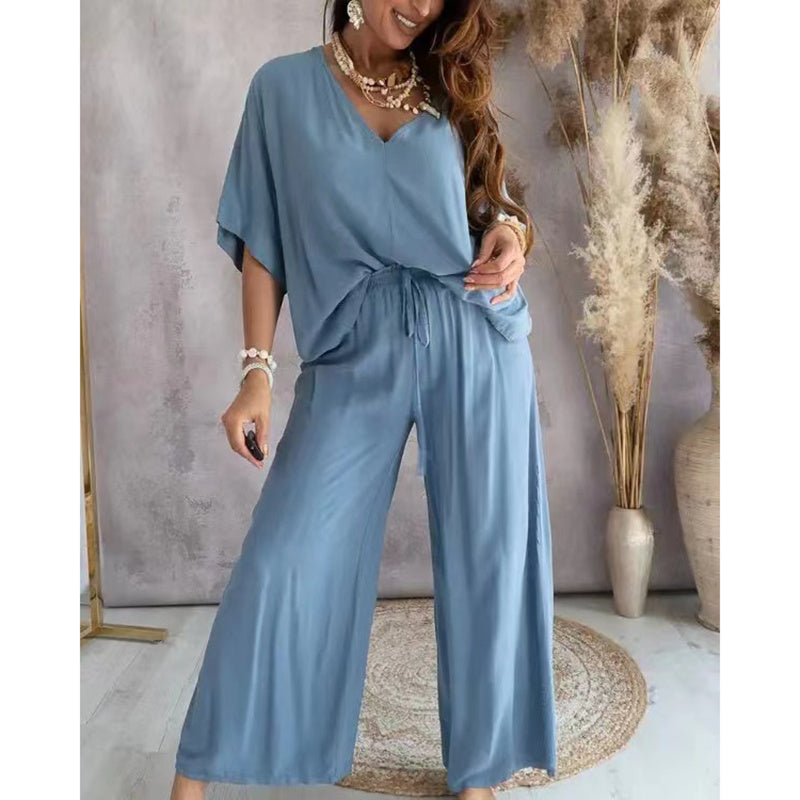 Cozy 2-Piece Lounge Set - Half Sleeve Top & Wide Leg Pants