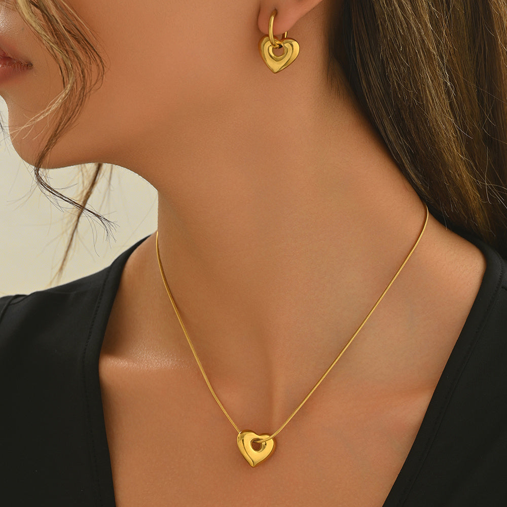 Lxalry 18K Gold Plated Hollow Heart Hypoallergenic Necklace Earrings With Adjustable Chain