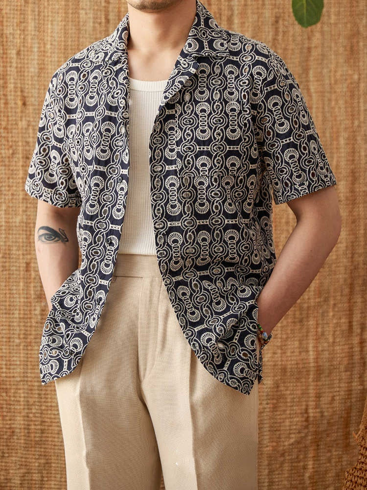 Men's Casual Cuban Collar Short Sleeve Printed Shirt