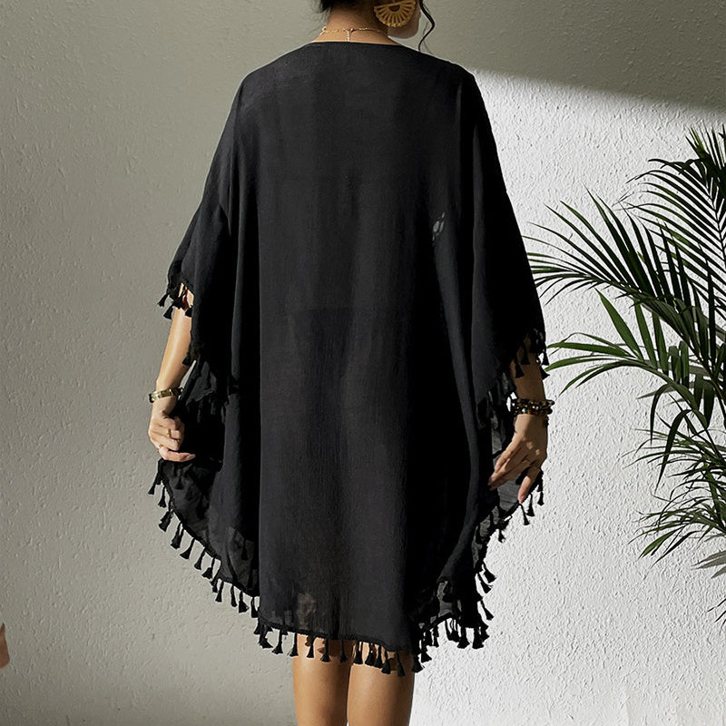 Women Tassel Trim Crochet Cover Up Boho Dress