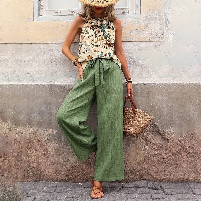 Women's 2 Piece Summer Outfit With Halter Neck Crop Tops and Wide Leg Pants