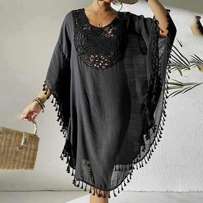 Women Tassel Trim Crochet Cover Up Boho Dress